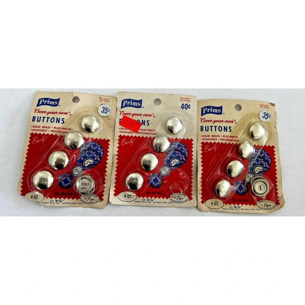 Vintage 1960s Prims Cover Your Own Buttons Solid Brass Lot of 3 Packages NOS USA
